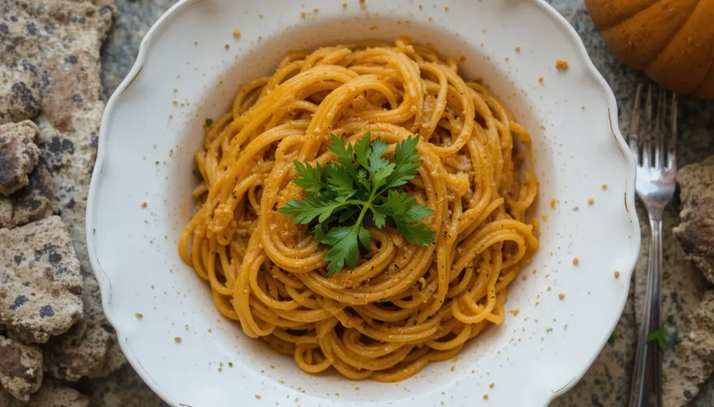 Creamy pumpkin pasta sauce simmering in a stainless steel pan, with fresh sage leaves and a wooden spoon resting on the side