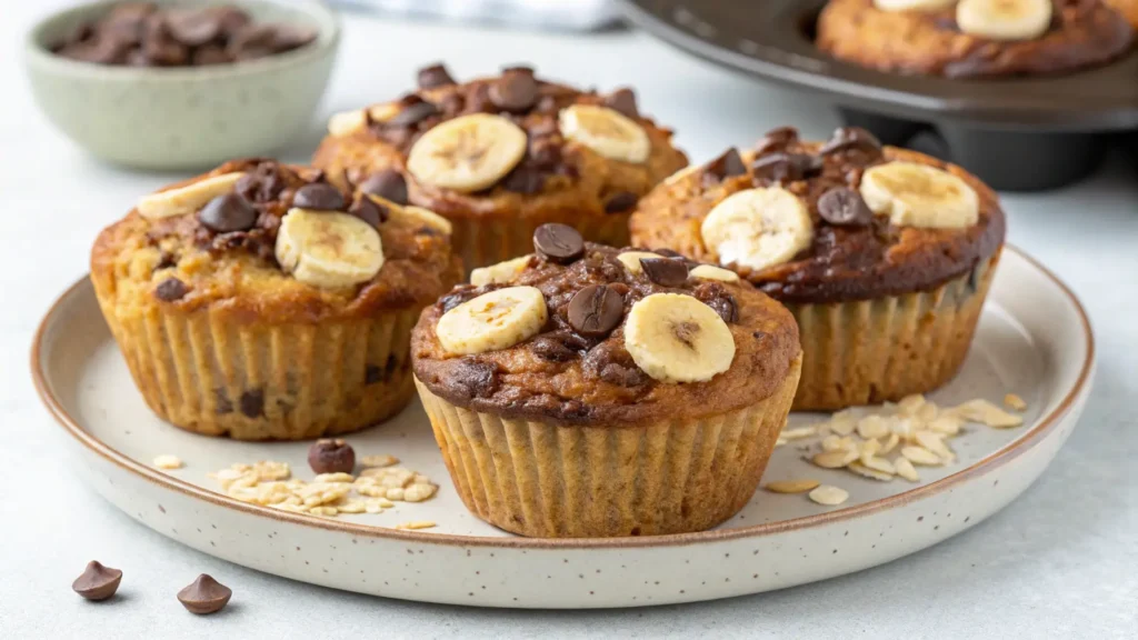 "Freshly baked oatmeal chocolate banana muffins with melted chocolate chips, served on a white plate."