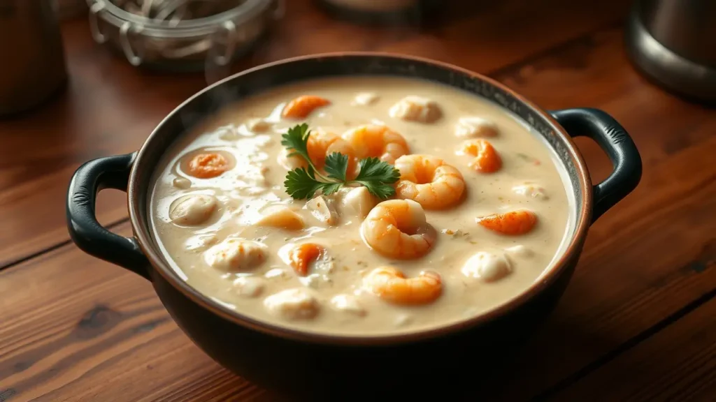 Creamy shrimp and crab seafood bisque served in a bowl