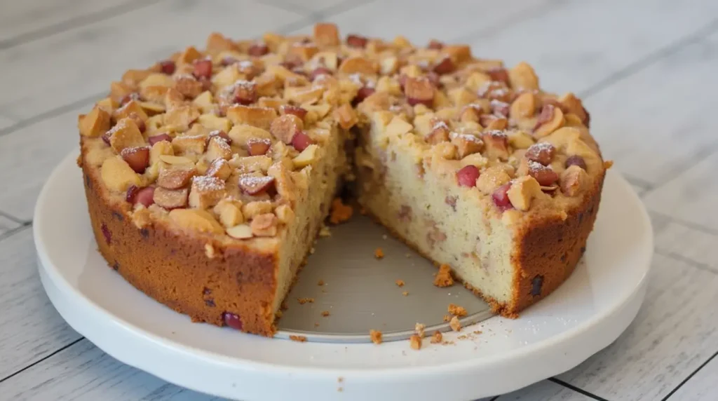German Rhubarb Almond Cake with layers of shortcrust pastry, tangy rhubarb, and creamy almond topping