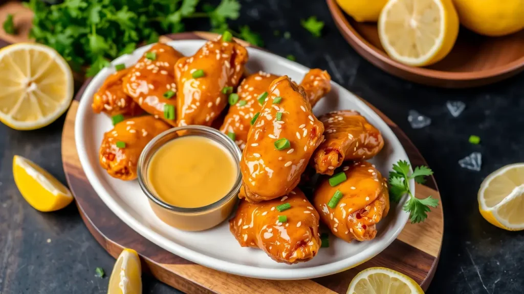 Golden-brown honey mustard chicken wings arranged on a baking rack, ready to be served as a delicious party snack