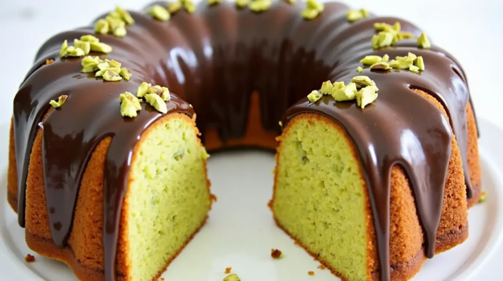 Pistachio bundt cake with rich chocolate ganache topping and chopped pistachios garnish